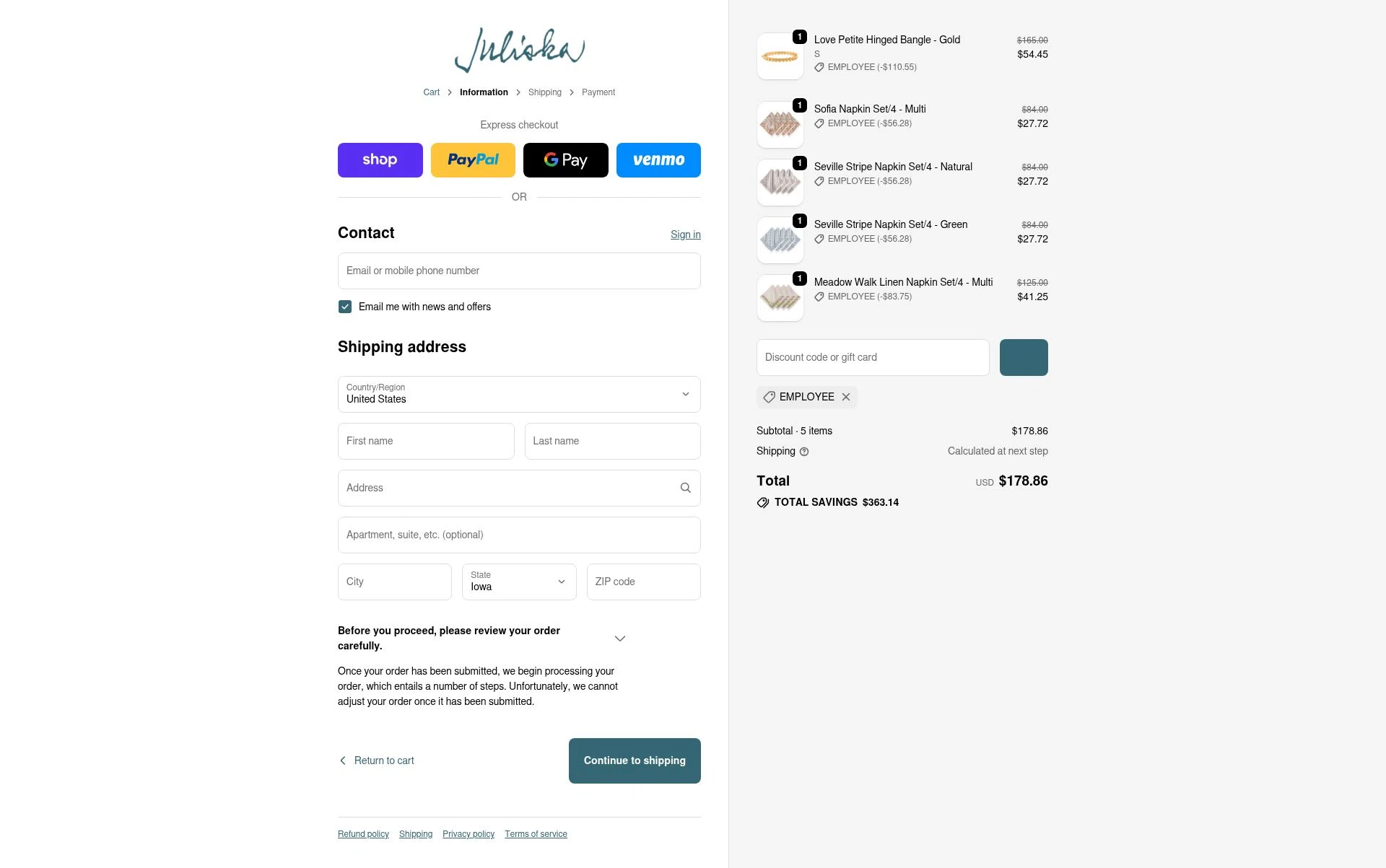Juliska checkout page showing Juliska discount code box | Screenshot taken by SimplyCodes community member on Jan 30, 2026