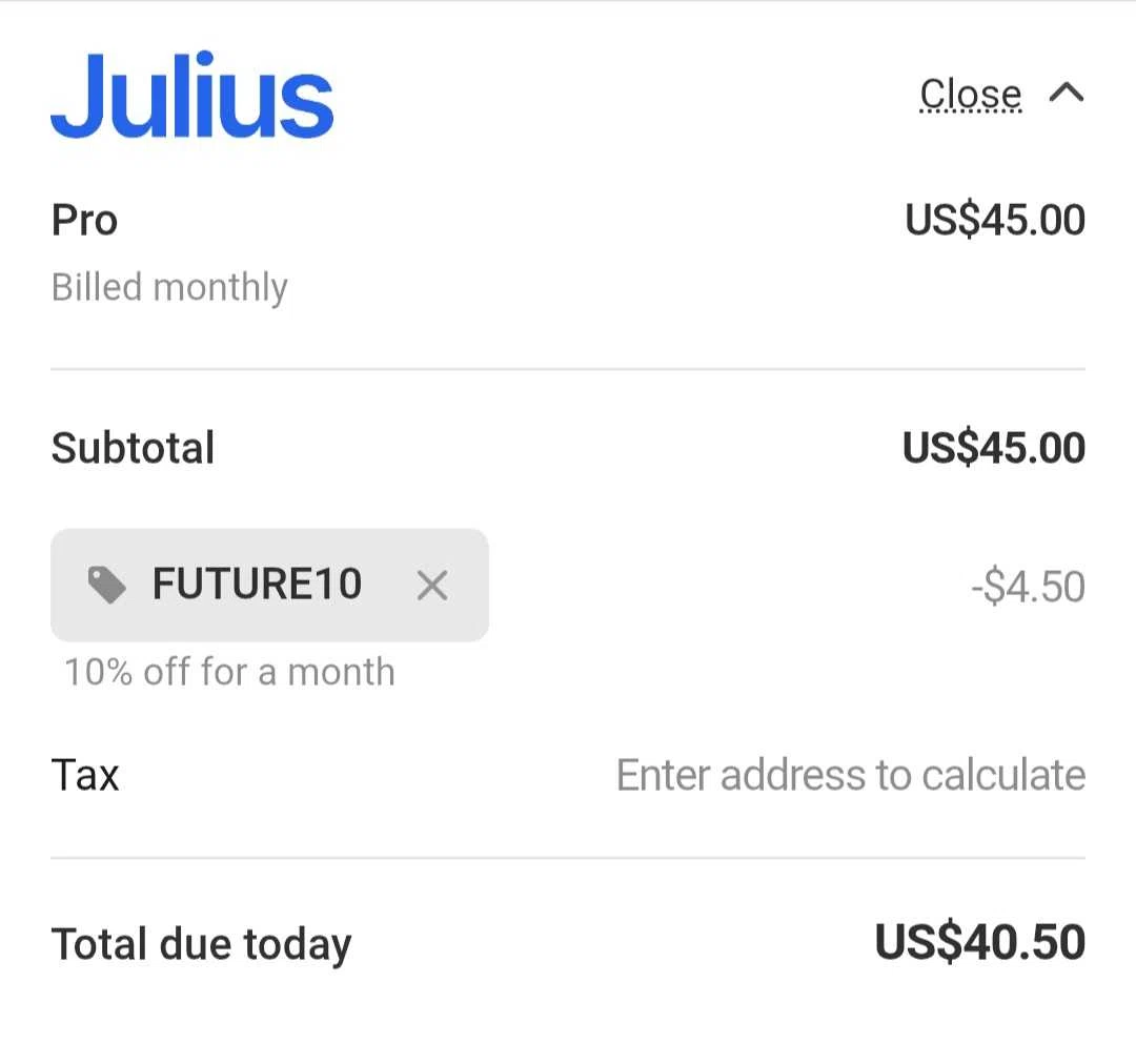 Julius AI promo code screenshot showing code FUTURE10 applied at Julius AI checkout page. Uploaded by SimplyCodes community member Celebrity on Oct 27, 2025