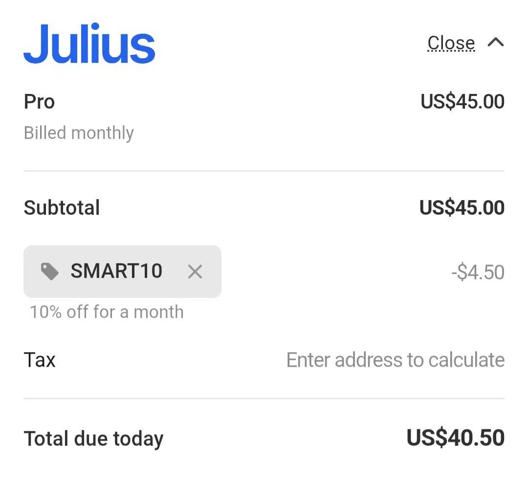 Julius AI promo code screenshot showing code SMART10 applied at Julius AI checkout page. Uploaded by SimplyCodes community member Celebrity on Nov 1, 2025