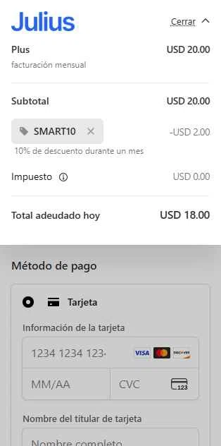 Julius AI checkout page showing Julius AI promo code box | Screenshot taken by SimplyCodes community member on Feb 8, 2026