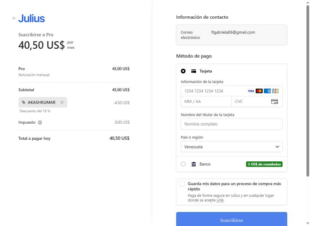 Julius AI checkout page showing Julius AI promo code box | Screenshot taken by SimplyCodes community member on Jan 29, 2026