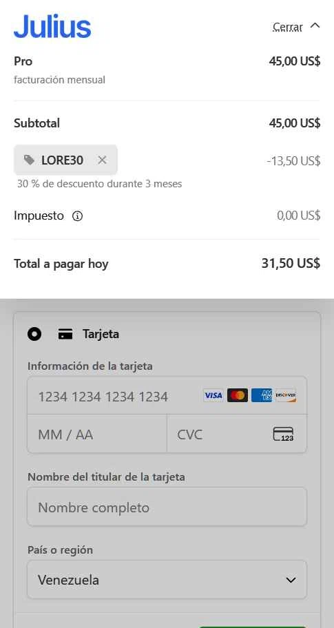 Julius AI checkout page showing Julius AI promo code box | Screenshot taken by SimplyCodes community member on Feb 11, 2026