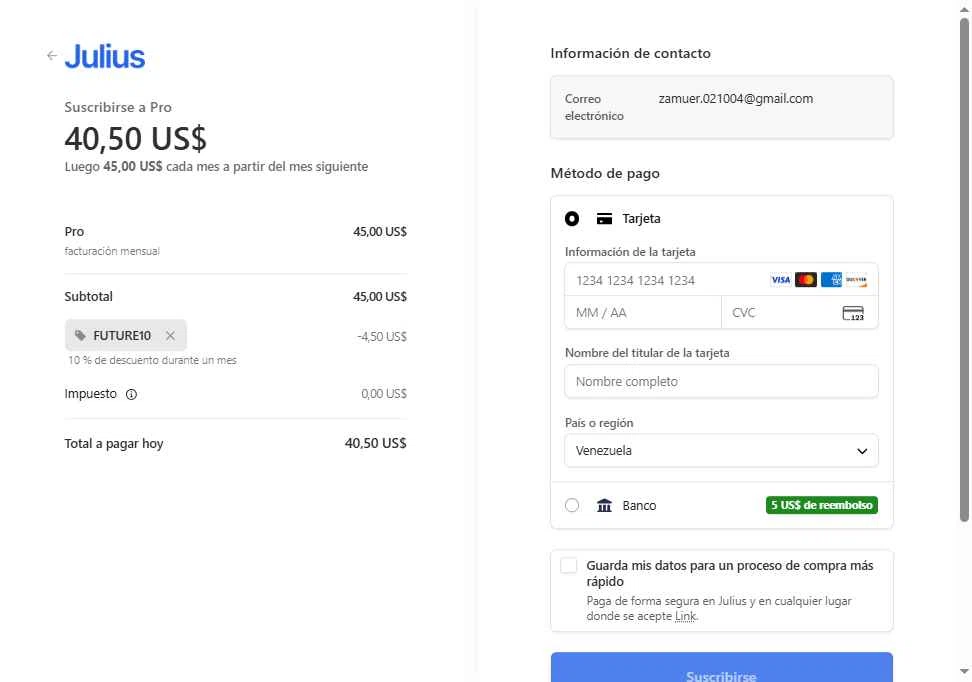 Julius AI checkout page showing Julius AI promo code box | Screenshot taken by SimplyCodes community member on Jan 25, 2026