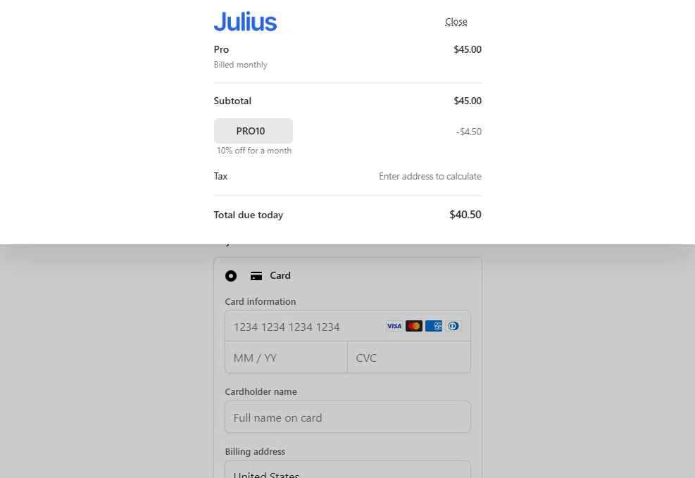 Julius AI checkout page showing Julius AI promo code box | Screenshot taken by SimplyCodes community member on Jan 29, 2026
