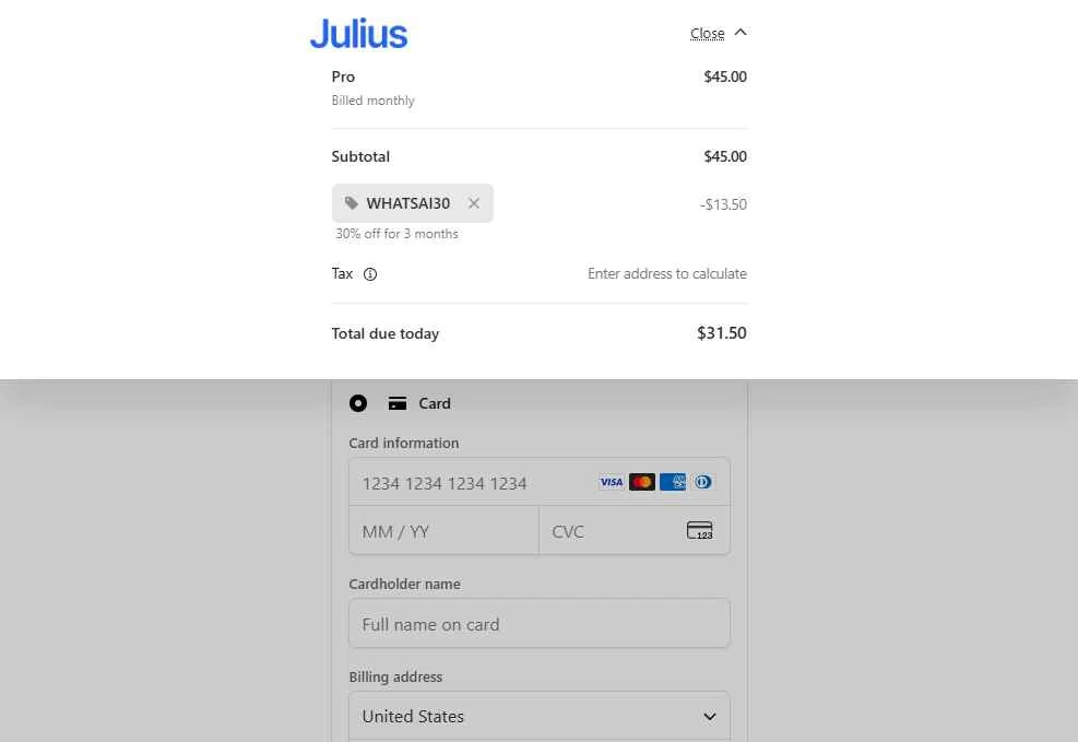 Julius AI checkout page showing Julius AI promo code box | Screenshot taken by SimplyCodes community member on Jan 24, 2026