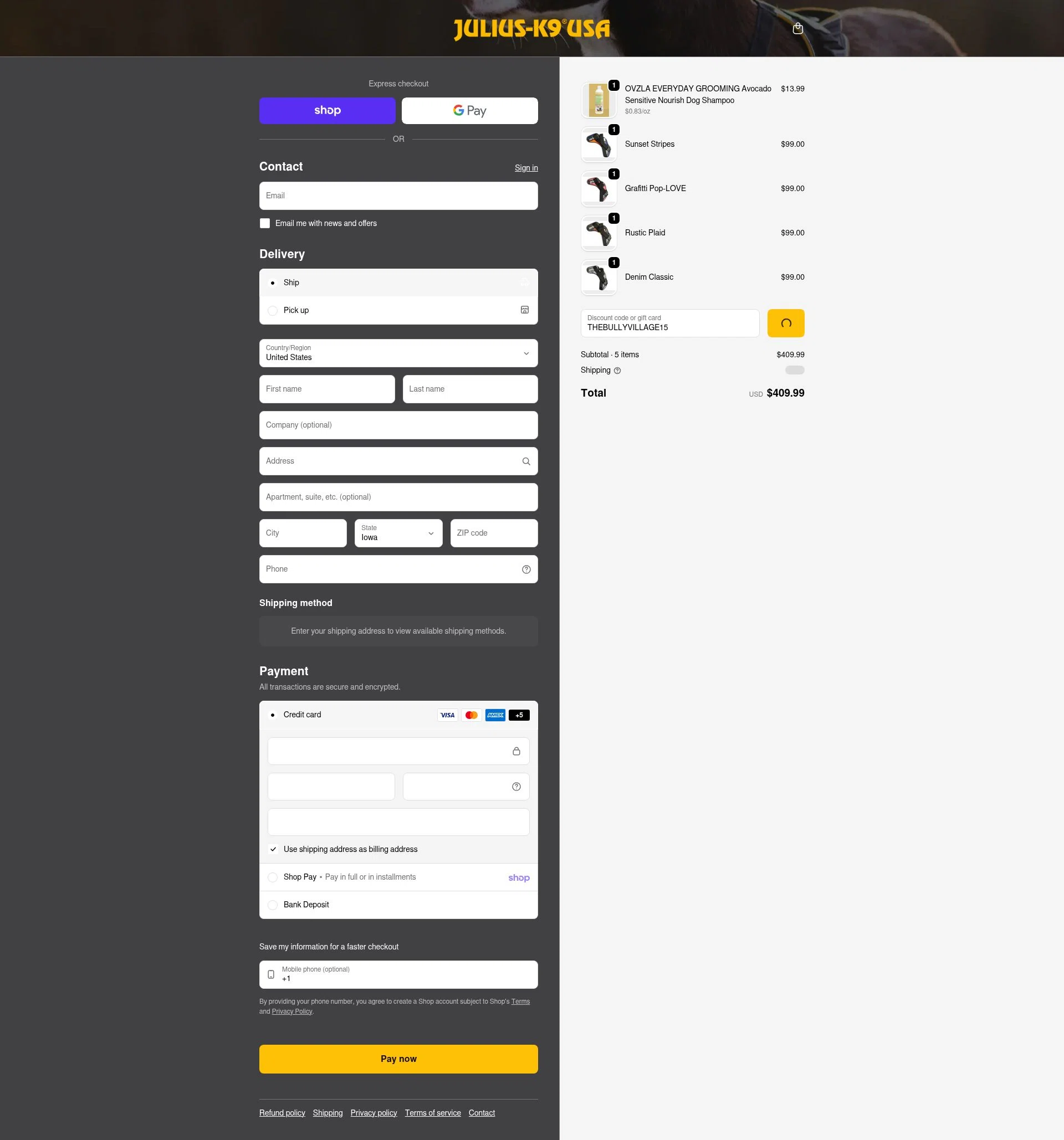 Julius-K9 checkout page showing Julius-K9 promo code box | Screenshot taken by SimplyCodes community member on Feb 4, 2026