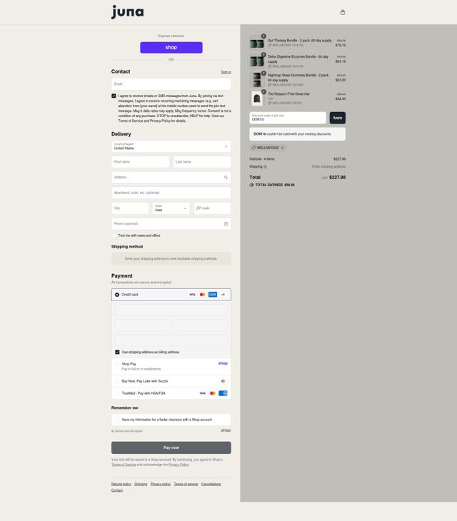 Juna checkout page showing Juna promo code box | Screenshot taken by SimplyCodes community member on Sep 10, 2025