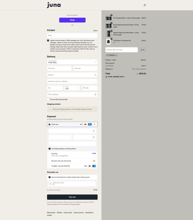 Juna checkout page showing Juna promo code box | Screenshot taken by SimplyCodes community member on Sep 10, 2025