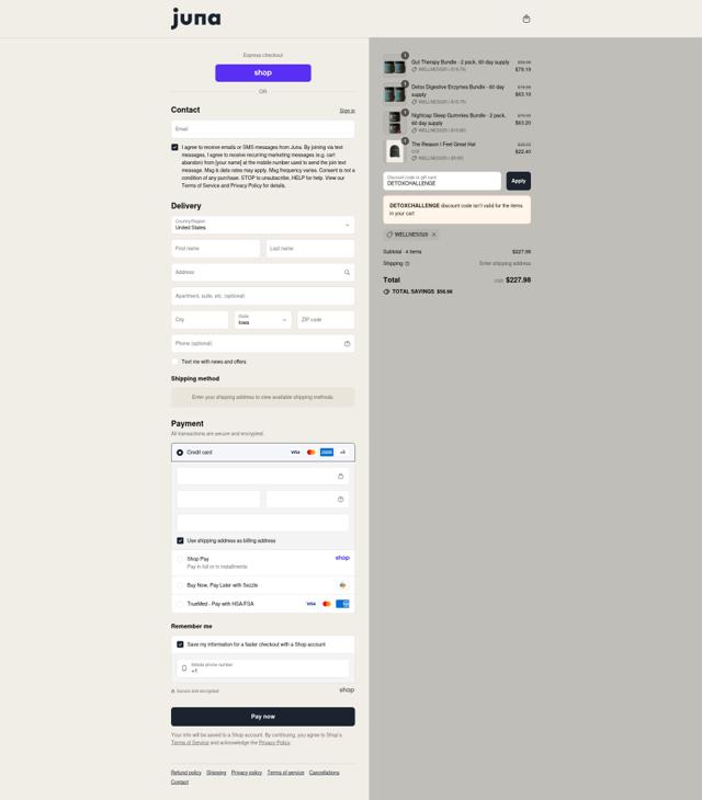 Juna checkout page showing Juna promo code box | Screenshot taken by SimplyCodes community member on Sep 10, 2025