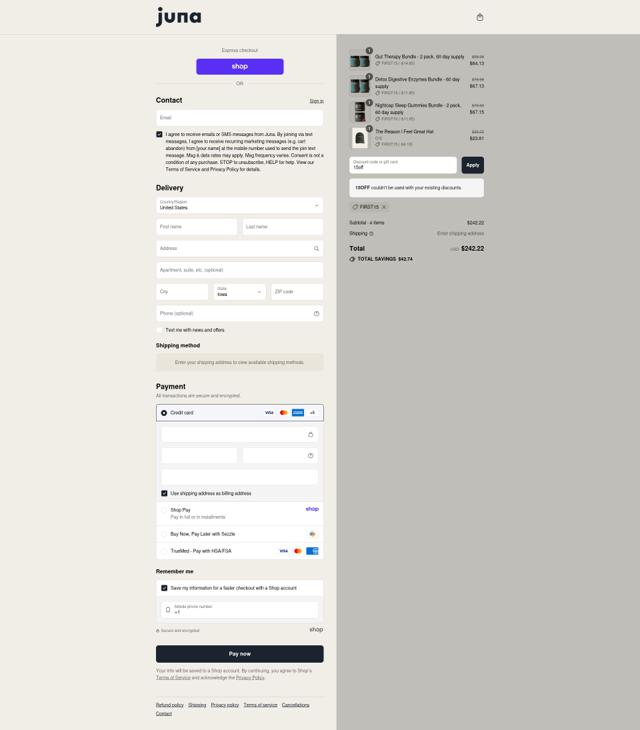 Juna checkout page showing Juna promo code box | Screenshot taken by SimplyCodes community member on Sep 10, 2025