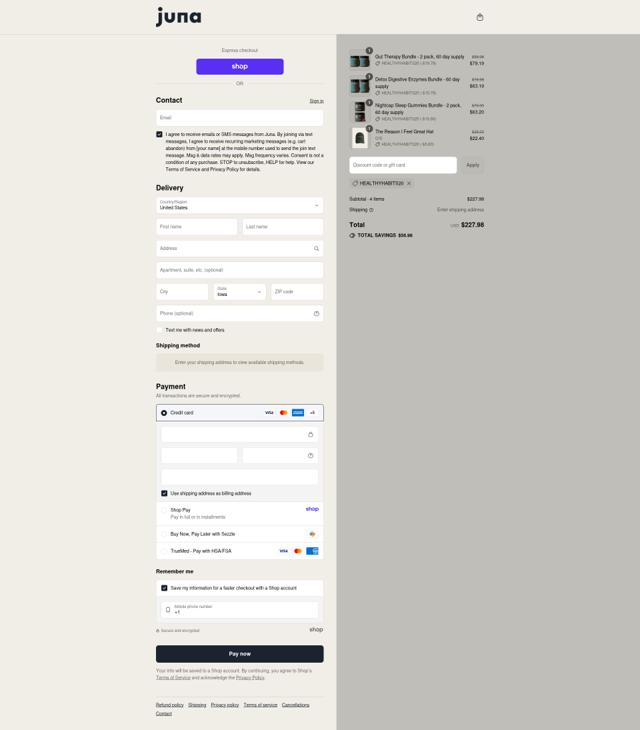 Juna checkout page showing Juna promo code box | Screenshot taken by SimplyCodes community member on Sep 10, 2025