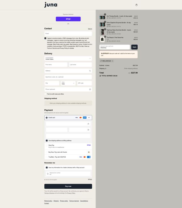 Juna checkout page showing Juna promo code box | Screenshot taken by SimplyCodes community member on Sep 10, 2025