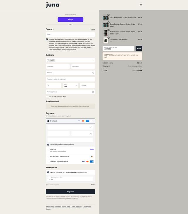 Juna checkout page showing Juna promo code box | Screenshot taken by SimplyCodes community member on Sep 10, 2025