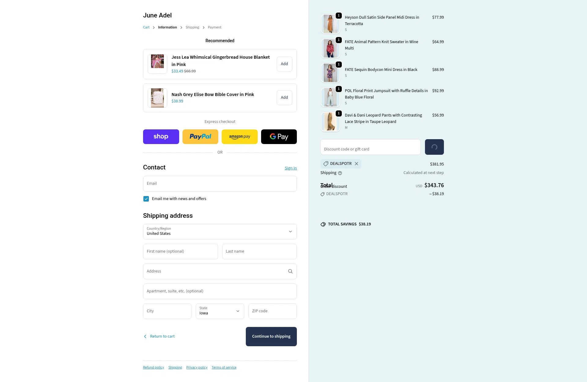 June Adel checkout page showing June Adel discount code box | Screenshot taken by SimplyCodes community member on Feb 18, 2026