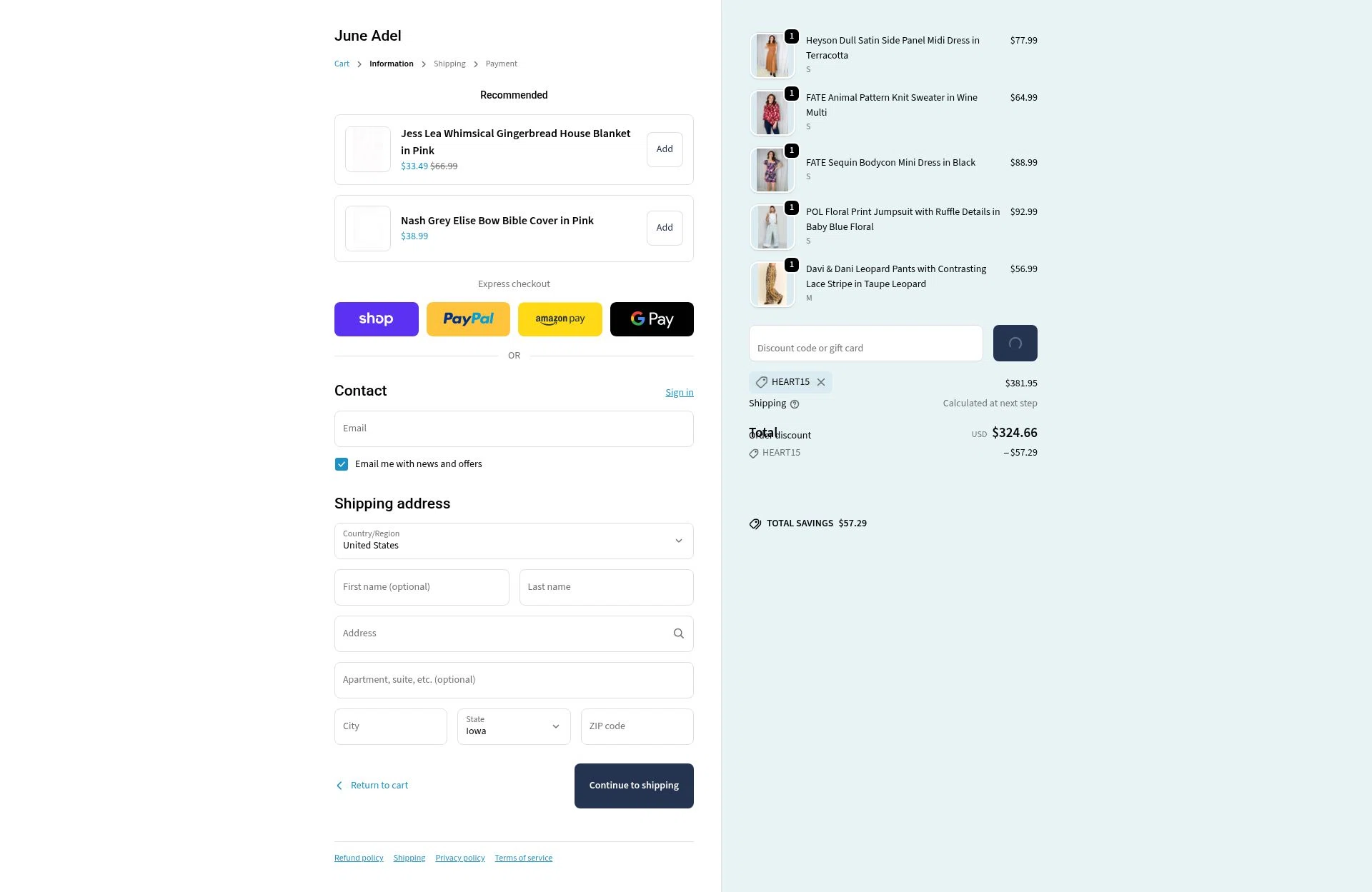 June Adel checkout page showing June Adel discount code box | Screenshot taken by SimplyCodes community member on Feb 18, 2026