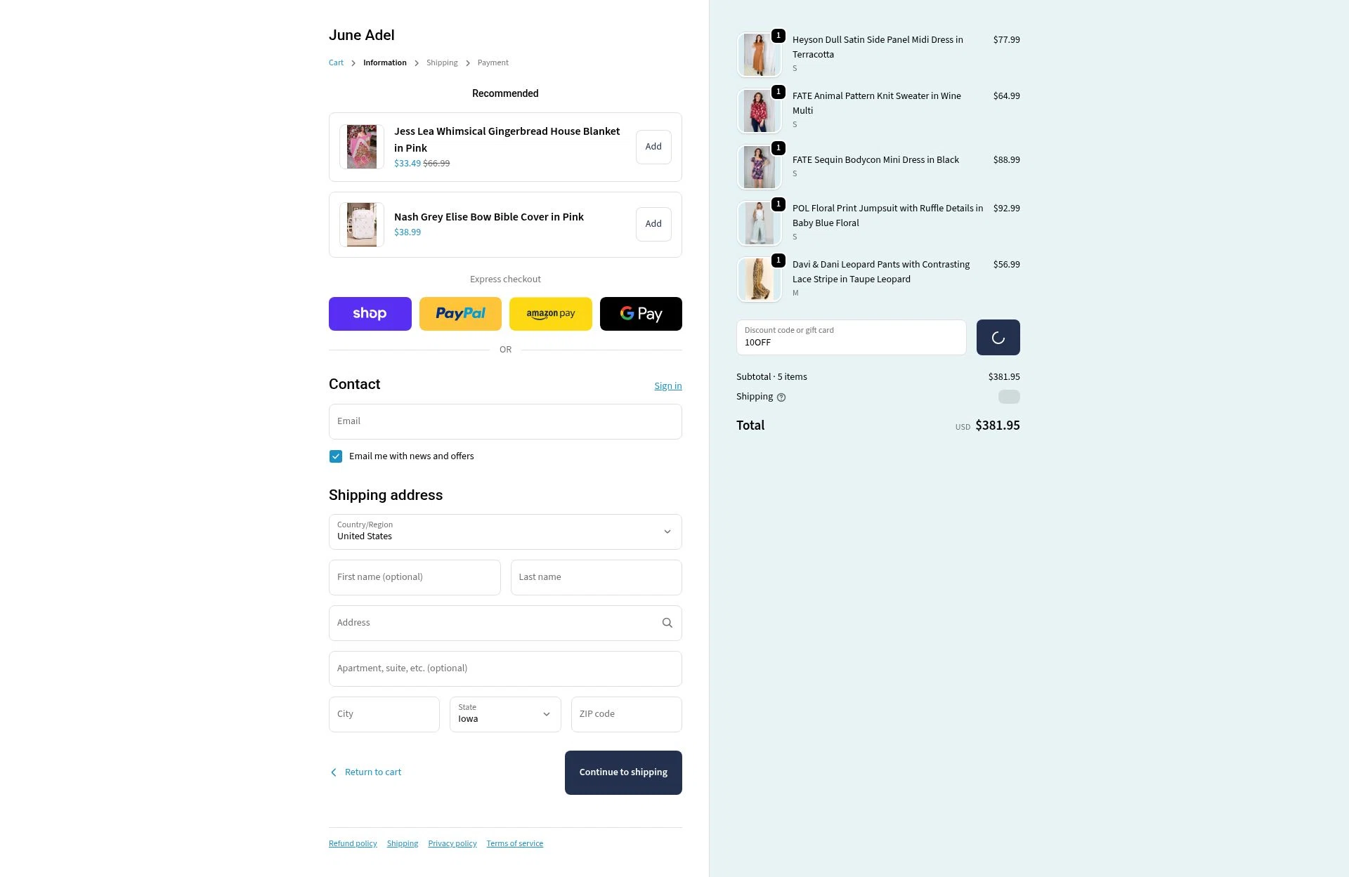 June Adel checkout page showing June Adel discount code box | Screenshot taken by SimplyCodes community member on Feb 14, 2026