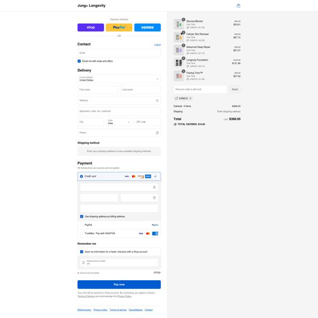 Jung+ Longevity checkout page showing Jung+ Longevity promo code box | Screenshot taken by SimplyCodes community member on Sep 8, 2025