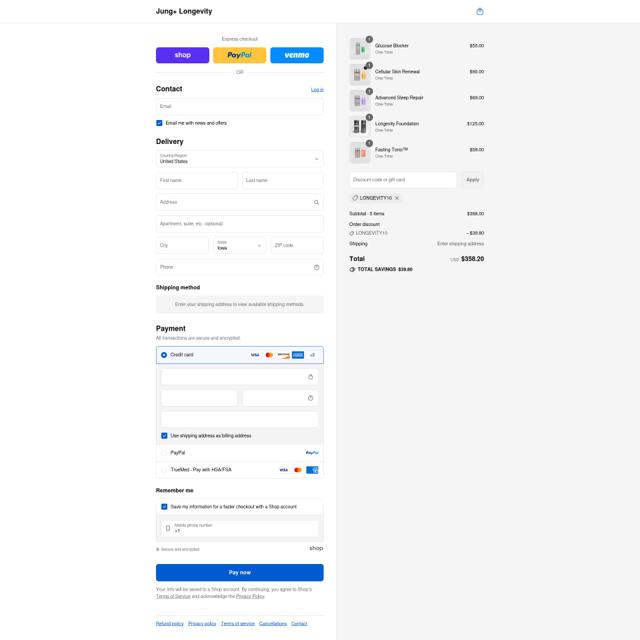 Jung+ Longevity checkout page showing Jung+ Longevity promo code box | Screenshot taken by SimplyCodes community member on Sep 8, 2025