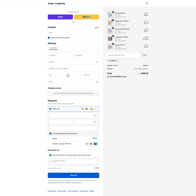 Jung+ Longevity checkout page showing Jung+ Longevity promo code box | Screenshot taken by SimplyCodes community member on Sep 12, 2025