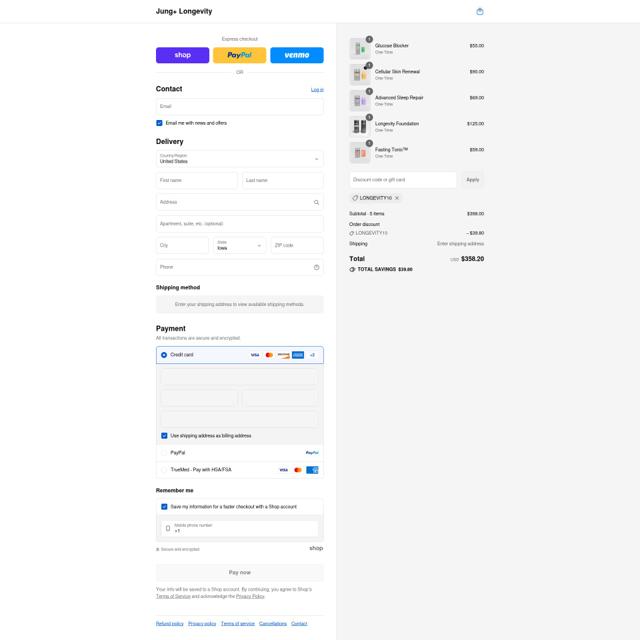 Jung+ Longevity checkout page showing Jung+ Longevity promo code box | Screenshot taken by SimplyCodes community member on Sep 4, 2025