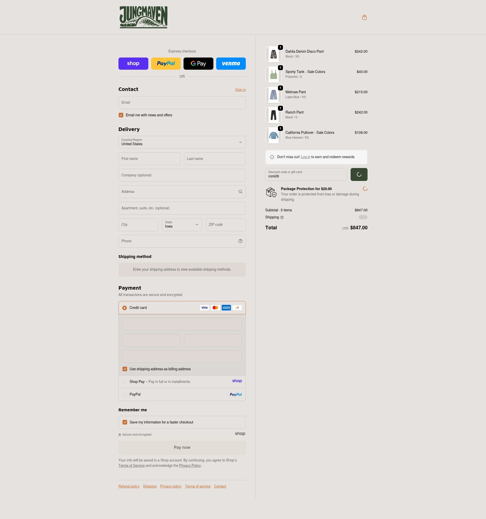 Jungmaven checkout page showing Jungmaven discount code box | Screenshot taken by SimplyCodes community member on Jan 18, 2026