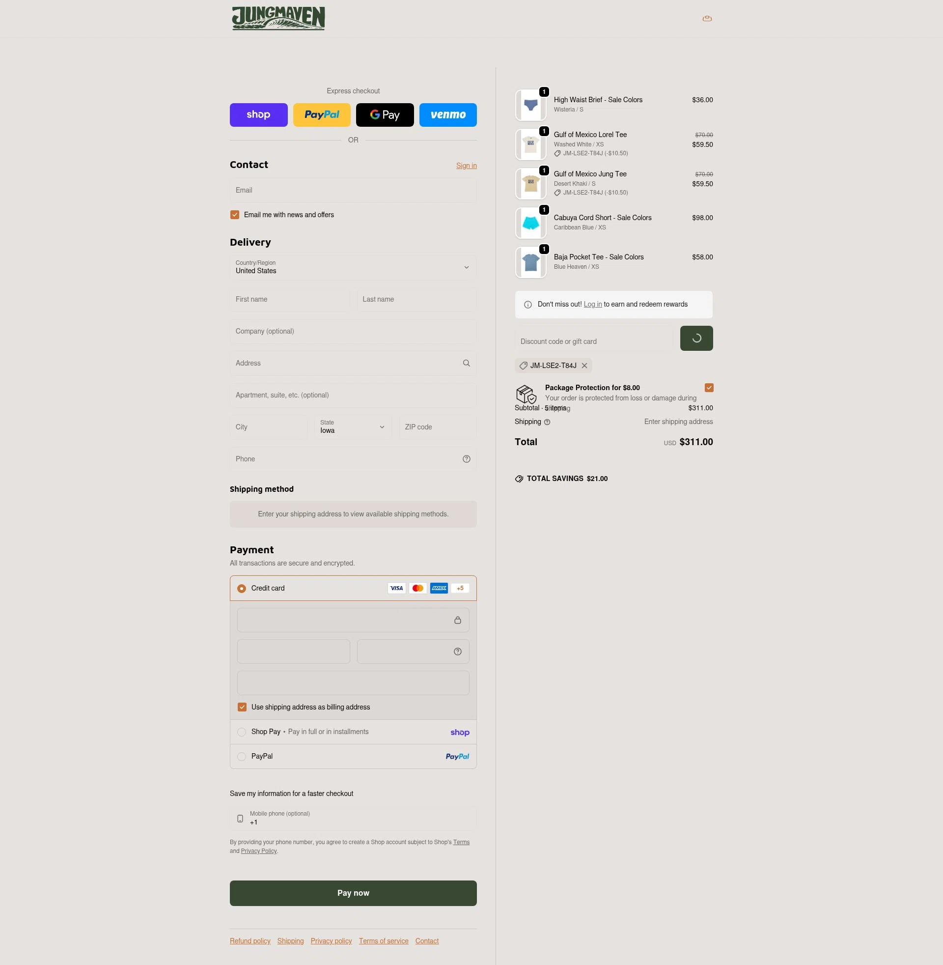 Jungmaven checkout page showing Jungmaven discount code box | Screenshot taken by SimplyCodes community member on Feb 14, 2026
