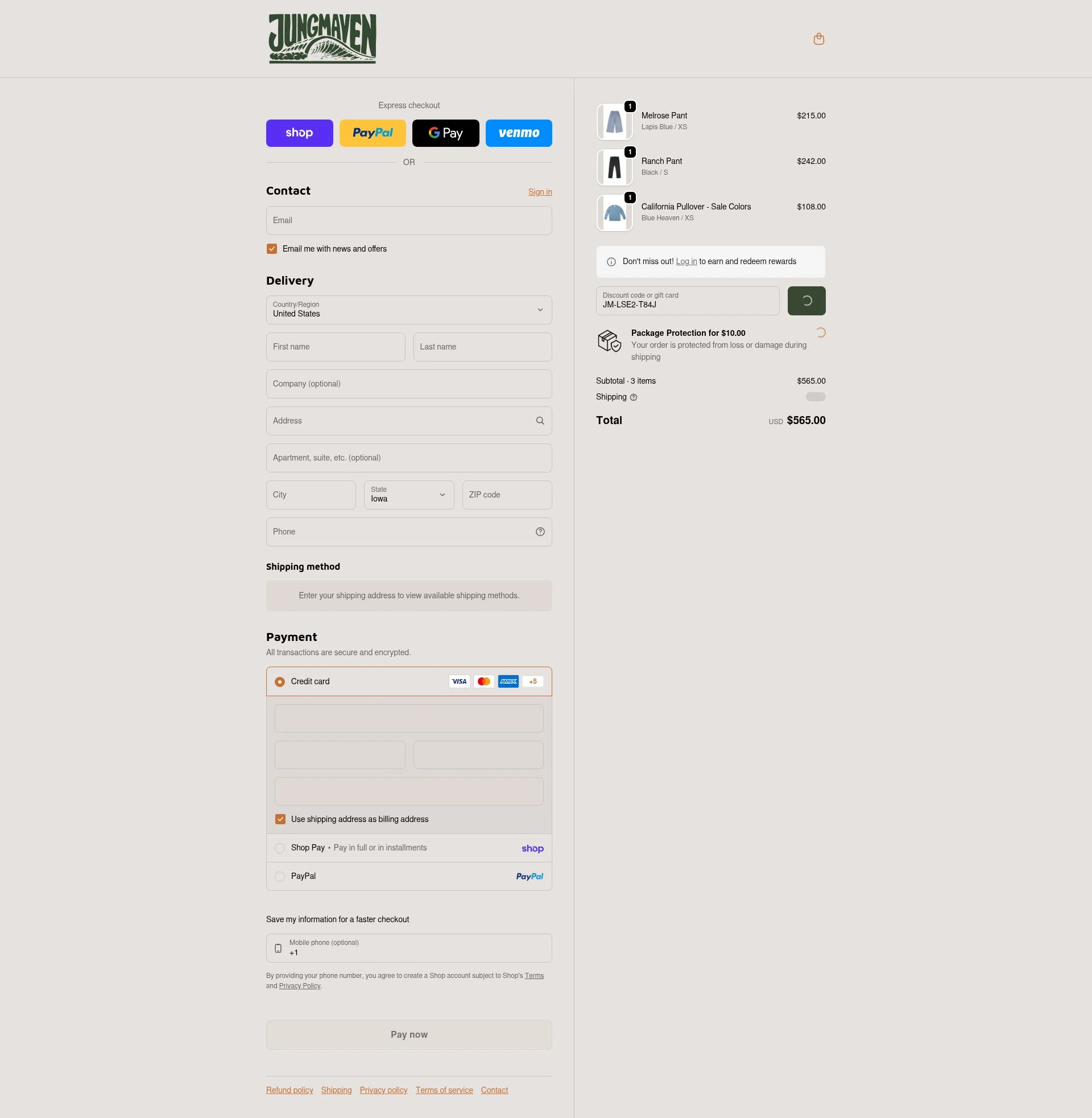 Jungmaven checkout page showing Jungmaven discount code box | Screenshot taken by SimplyCodes community member on Feb 9, 2026