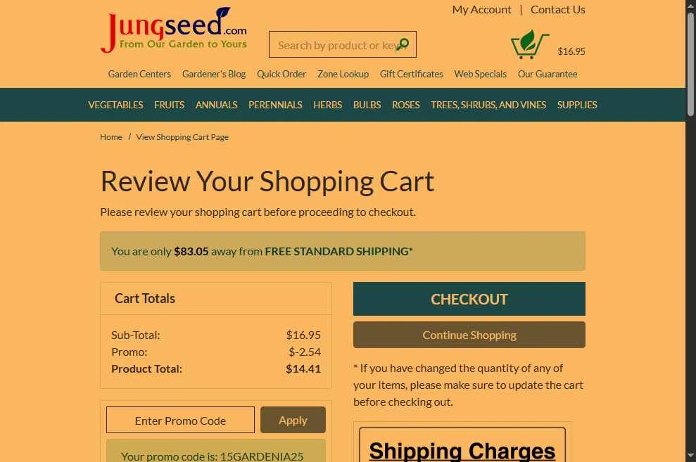 Jung Seed Co. checkout page showing Jung Seed Co. promo code box | Screenshot taken by SimplyCodes community member on Oct 15, 2025