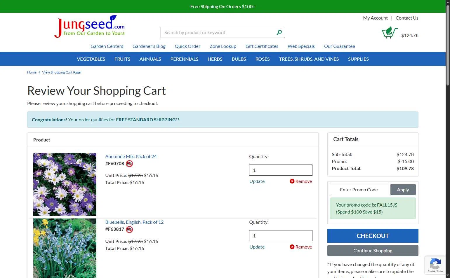 Jung Seed Co. checkout page showing Jung Seed Co. promo code box | Screenshot taken by SimplyCodes community member on Sep 10, 2025