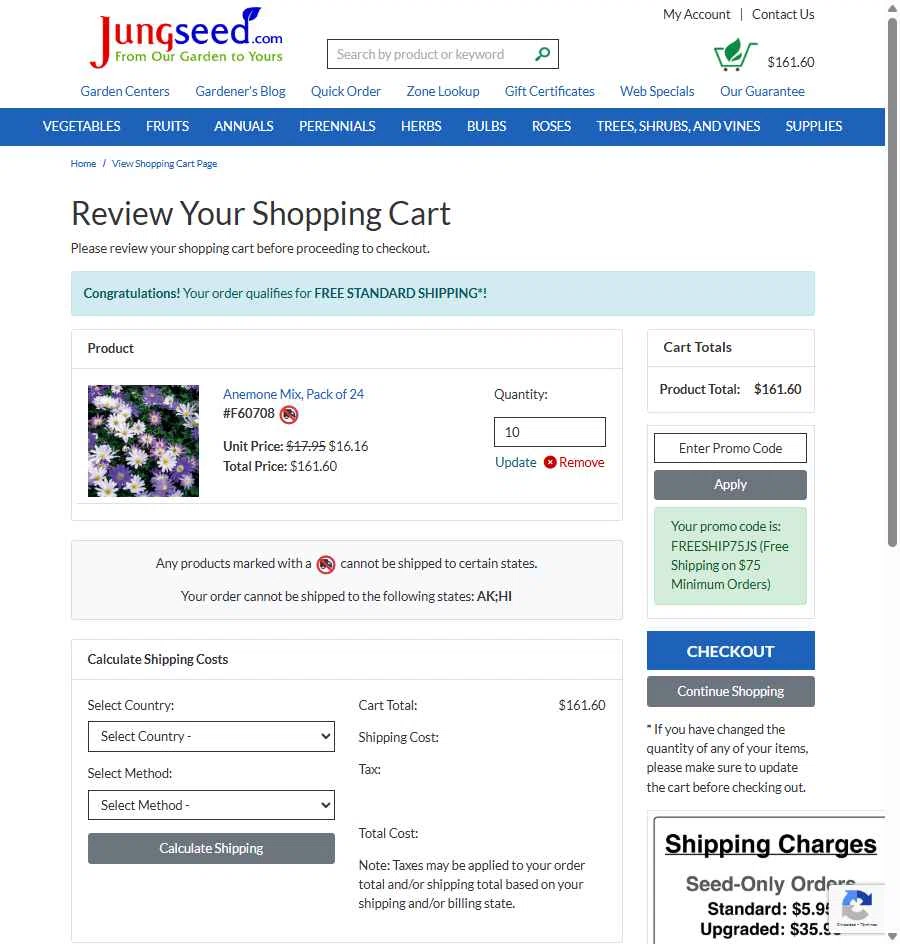 Jung Seed Co. checkout page showing Jung Seed Co. promo code box | Screenshot taken by SimplyCodes community member on Oct 3, 2025