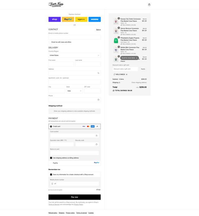 Junk Food Clothing checkout page showing Junk Food Clothing promo code box | Screenshot taken by SimplyCodes community member on Sep 12, 2025