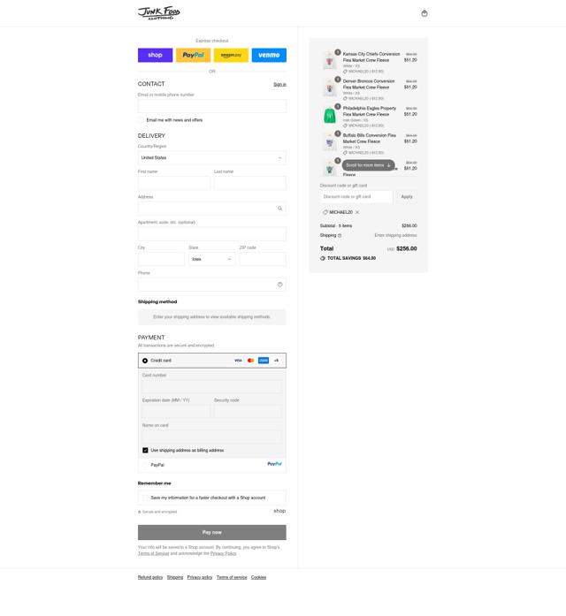 Junk Food Clothing checkout page showing Junk Food Clothing promo code box | Screenshot taken by SimplyCodes community member on Sep 12, 2025