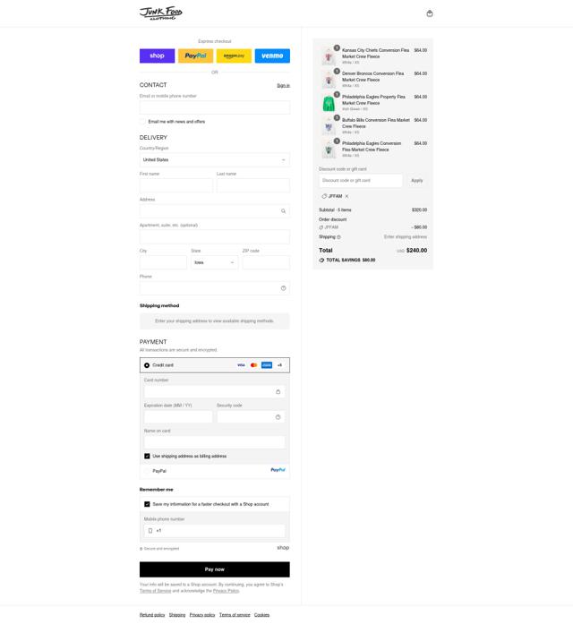 Junk Food Clothing checkout page showing Junk Food Clothing promo code box | Screenshot taken by SimplyCodes community member on Sep 12, 2025