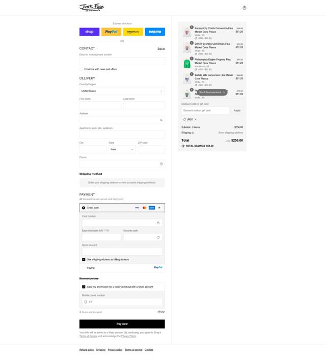 Junk Food Clothing checkout page showing Junk Food Clothing promo code box | Screenshot taken by SimplyCodes community member on Sep 12, 2025