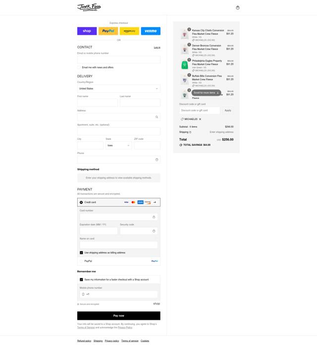 Junk Food Clothing checkout page showing Junk Food Clothing promo code box | Screenshot taken by SimplyCodes community member on Sep 8, 2025
