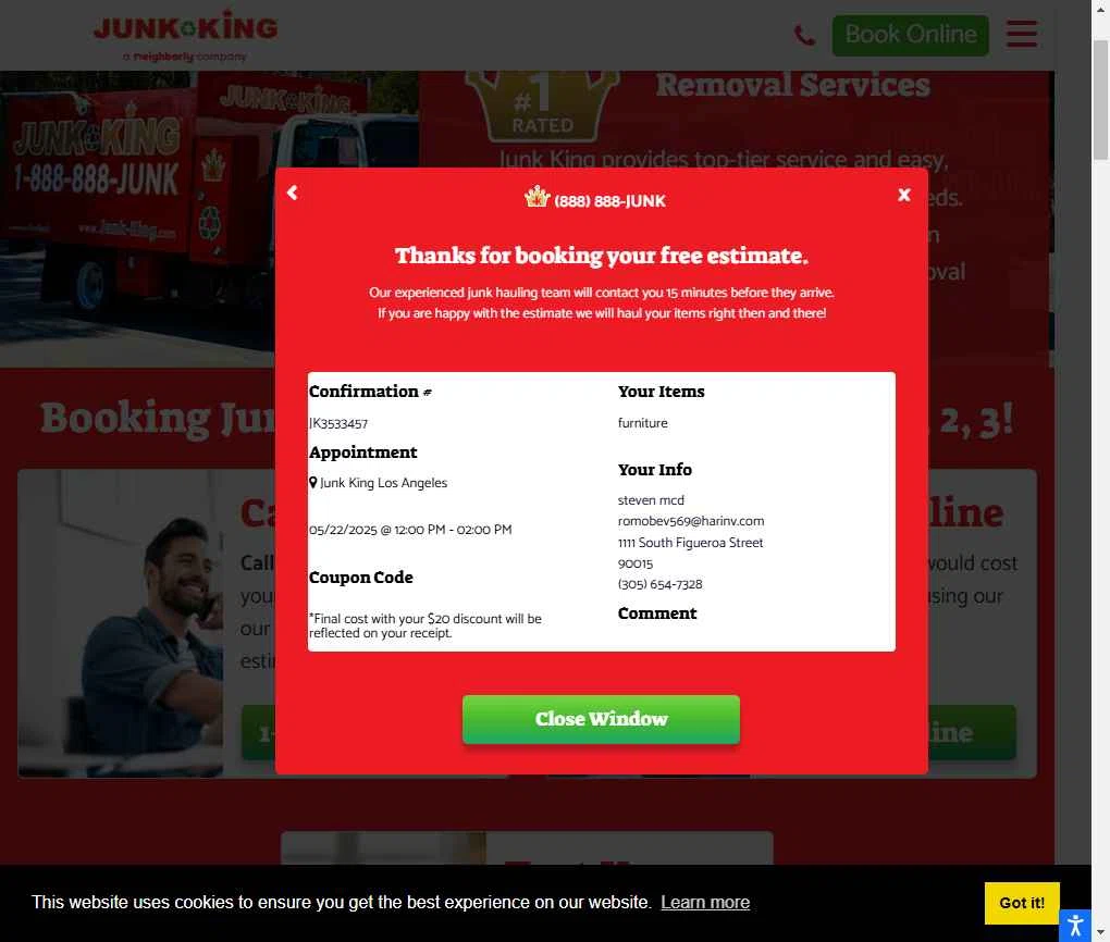 Junk King checkout page showing Junk King promo code box | Screenshot taken by SimplyCodes community member on May 7, 2025