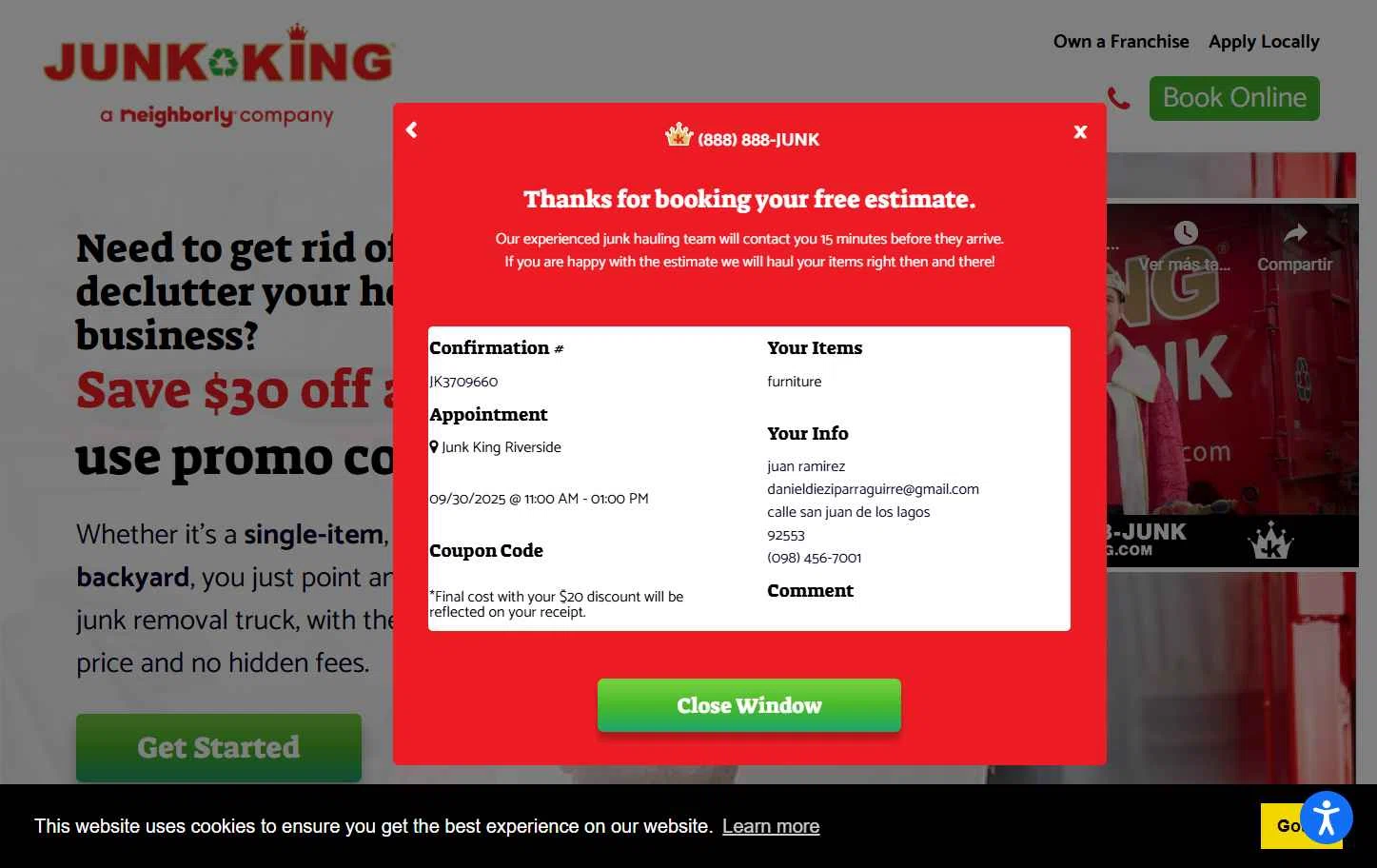 Junk King checkout page showing Junk King promo code box | Screenshot taken by SimplyCodes community member on Sep 26, 2025