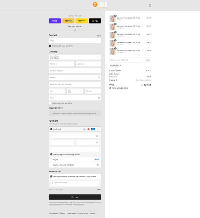 Junonia checkout page showing Junonia promo code box | Screenshot taken by SimplyCodes community member on Sep 12, 2025