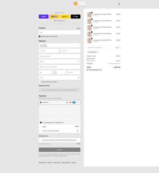 Junonia checkout page showing Junonia promo code box | Screenshot taken by SimplyCodes community member on Sep 12, 2025