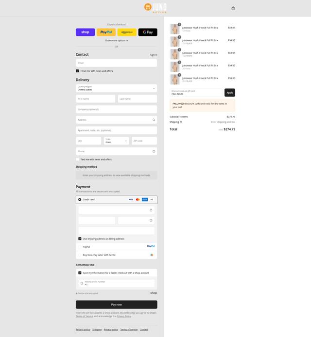 Junonia checkout page showing Junonia promo code box | Screenshot taken by SimplyCodes community member on Sep 12, 2025