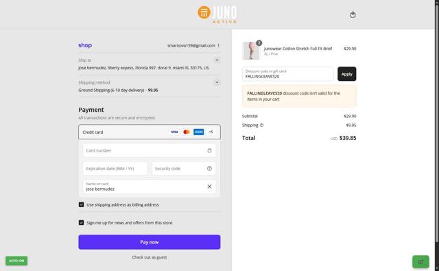 Junonia checkout page showing Junonia promo code box | Screenshot taken by SimplyCodes community member on Sep 11, 2025