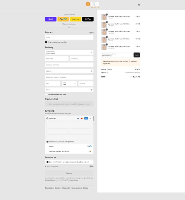 Junonia checkout page showing Junonia promo code box | Screenshot taken by SimplyCodes community member on Sep 12, 2025