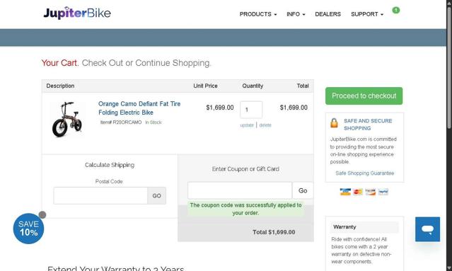 Jupiter Bike checkout page showing Jupiter Bike coupon code box | Screenshot taken by SimplyCodes community member on Sep 10, 2025