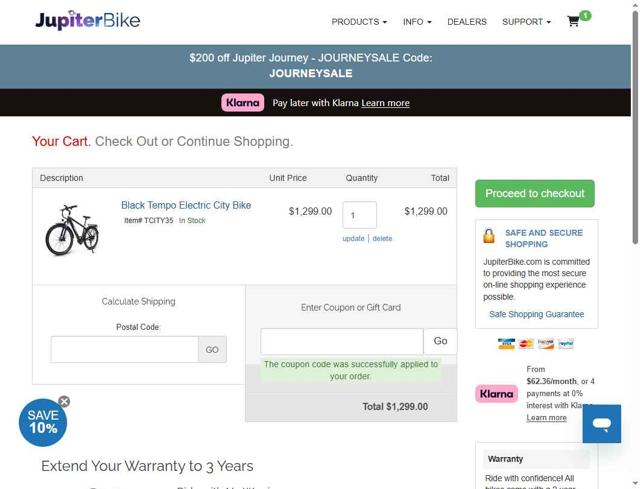 Jupiter Bike checkout page showing Jupiter Bike coupon code box | Screenshot taken by SimplyCodes community member on Sep 4, 2025