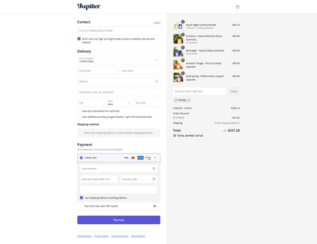 Jupiter Brands checkout page showing Jupiter Brands promo code box | Screenshot taken by SimplyCodes community member on Sep 8, 2025