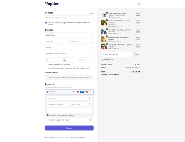 Jupiter Brands checkout page showing Jupiter Brands promo code box | Screenshot taken by SimplyCodes community member on Sep 8, 2025