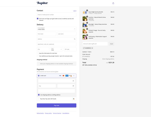 Jupiter Brands checkout page showing Jupiter Brands promo code box | Screenshot taken by SimplyCodes community member on Sep 8, 2025