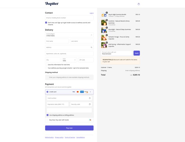 Jupiter Brands checkout page showing Jupiter Brands promo code box | Screenshot taken by SimplyCodes community member on Sep 8, 2025