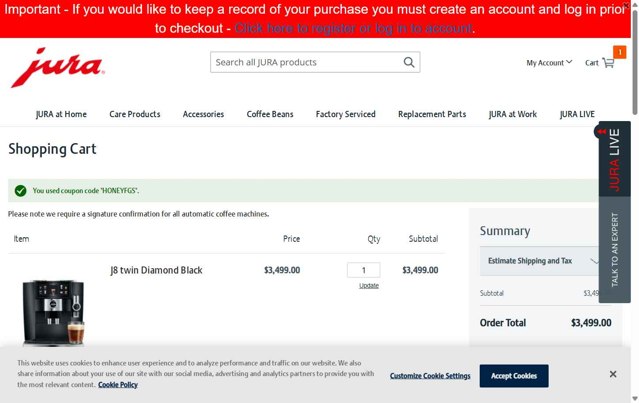 Jura checkout page showing Jura discount code box | Screenshot taken by SimplyCodes community member on May 14, 2025