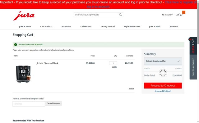Jura checkout page showing Jura discount code box | Screenshot taken by SimplyCodes community member on May 14, 2025